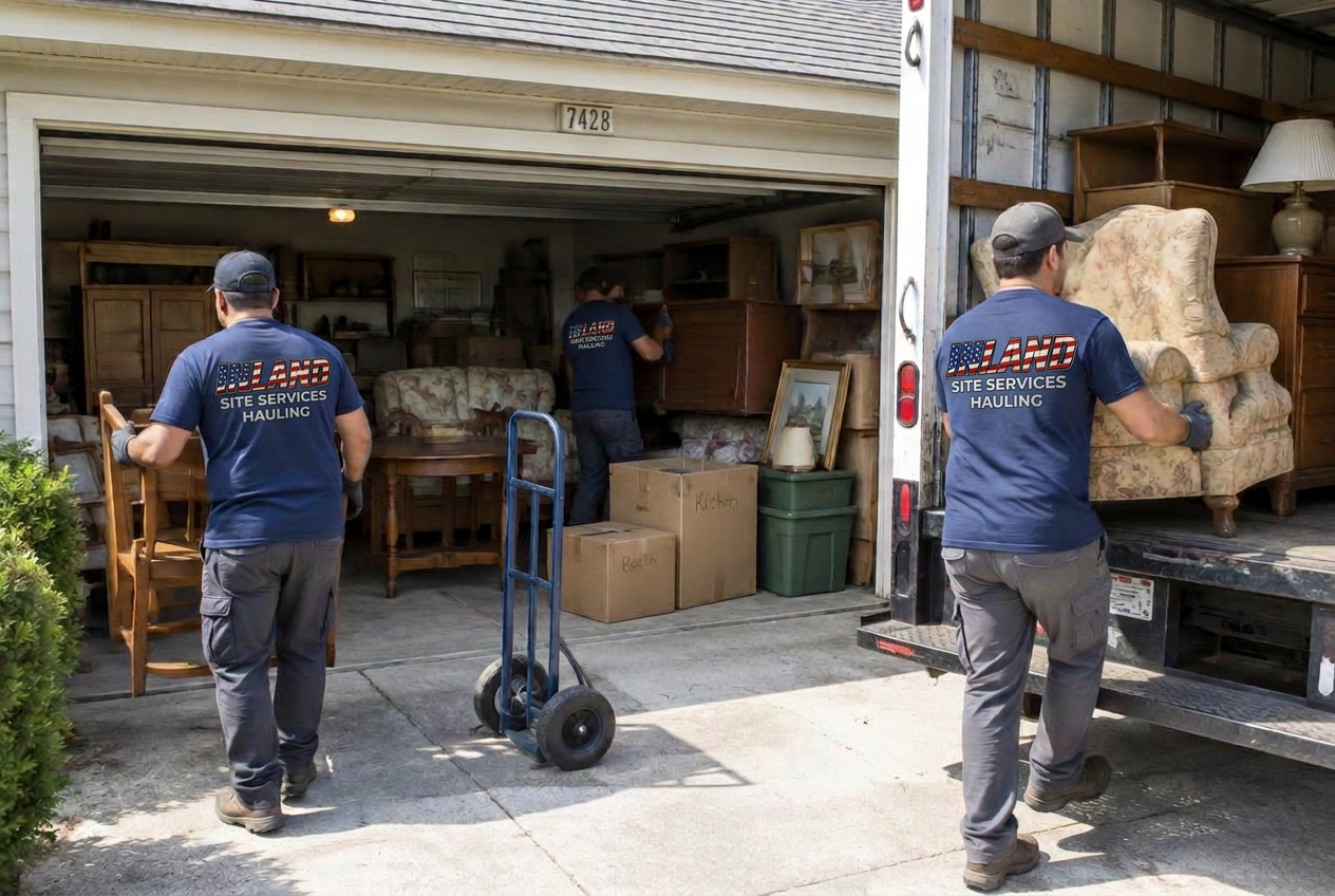 Crew loading furniture from a garage during an estate cleanout