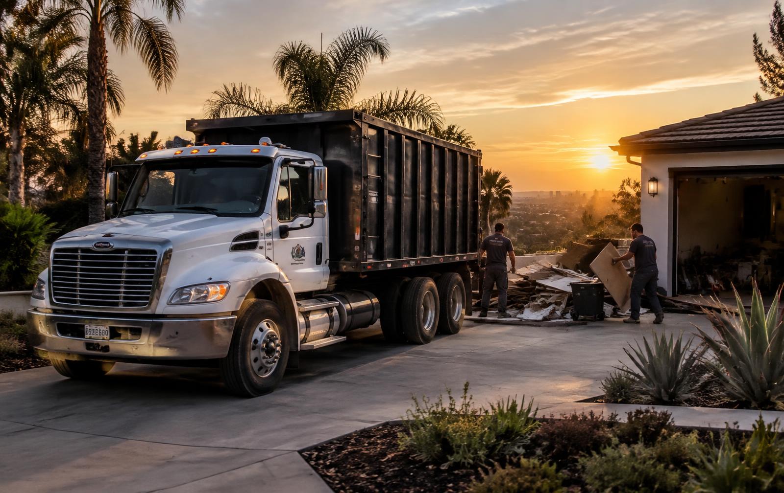 Dump truck and crew hauling junk from a Southern California driveway